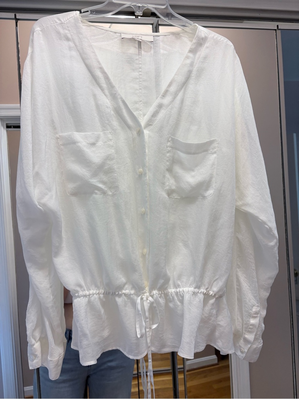 LOFT White V-Neck Button Front Drawstring Waist Blouse